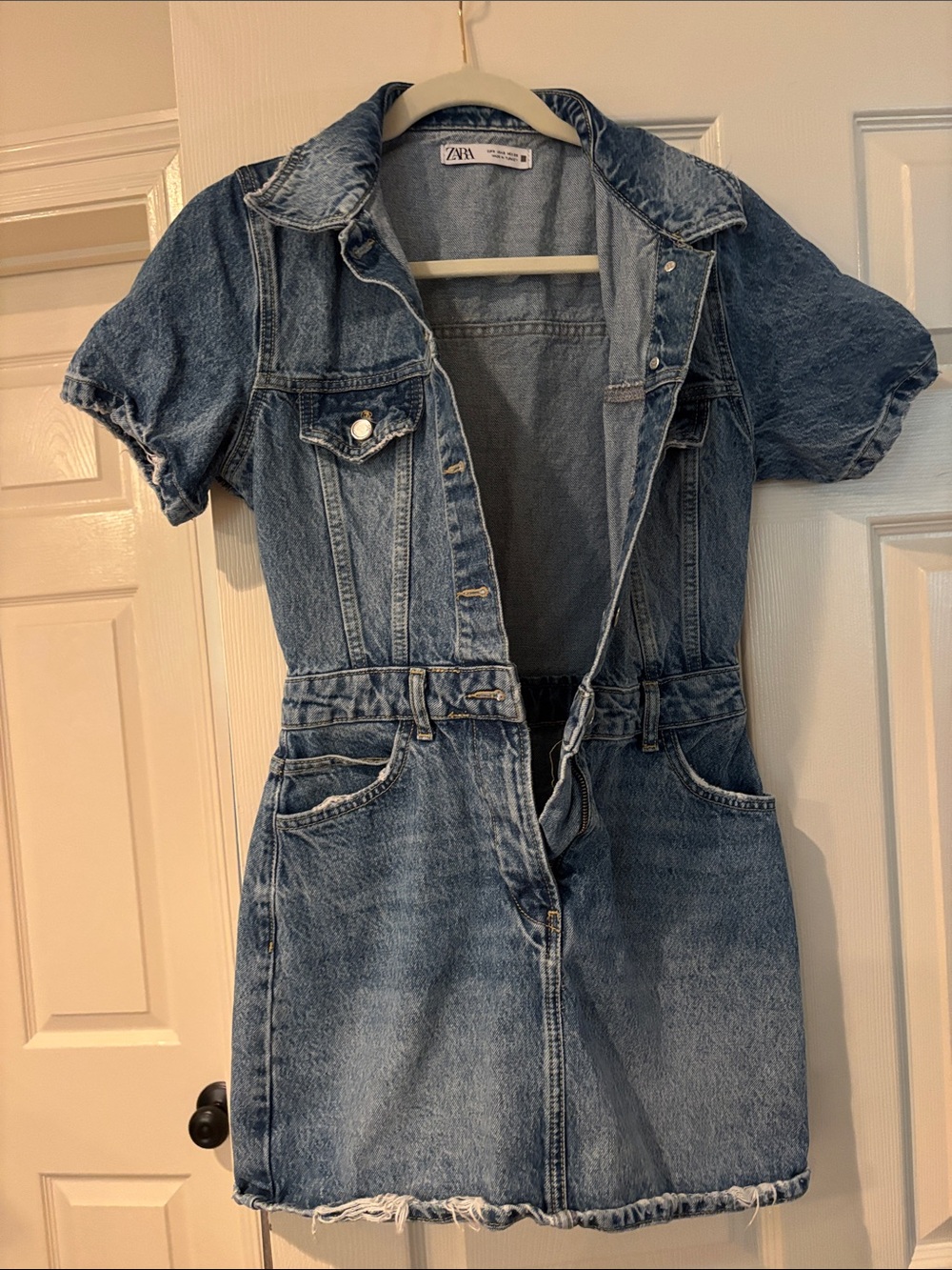 Zara Light Wash Denim Romper Dress with Waist Tie